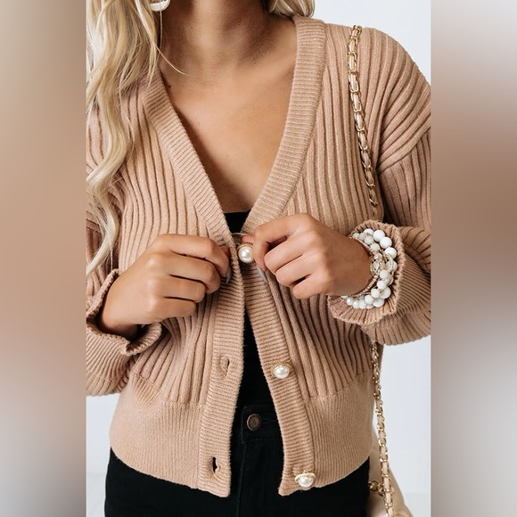 Tan Pearl Button Rib-Knit Cardigan - Picture 7 of 10